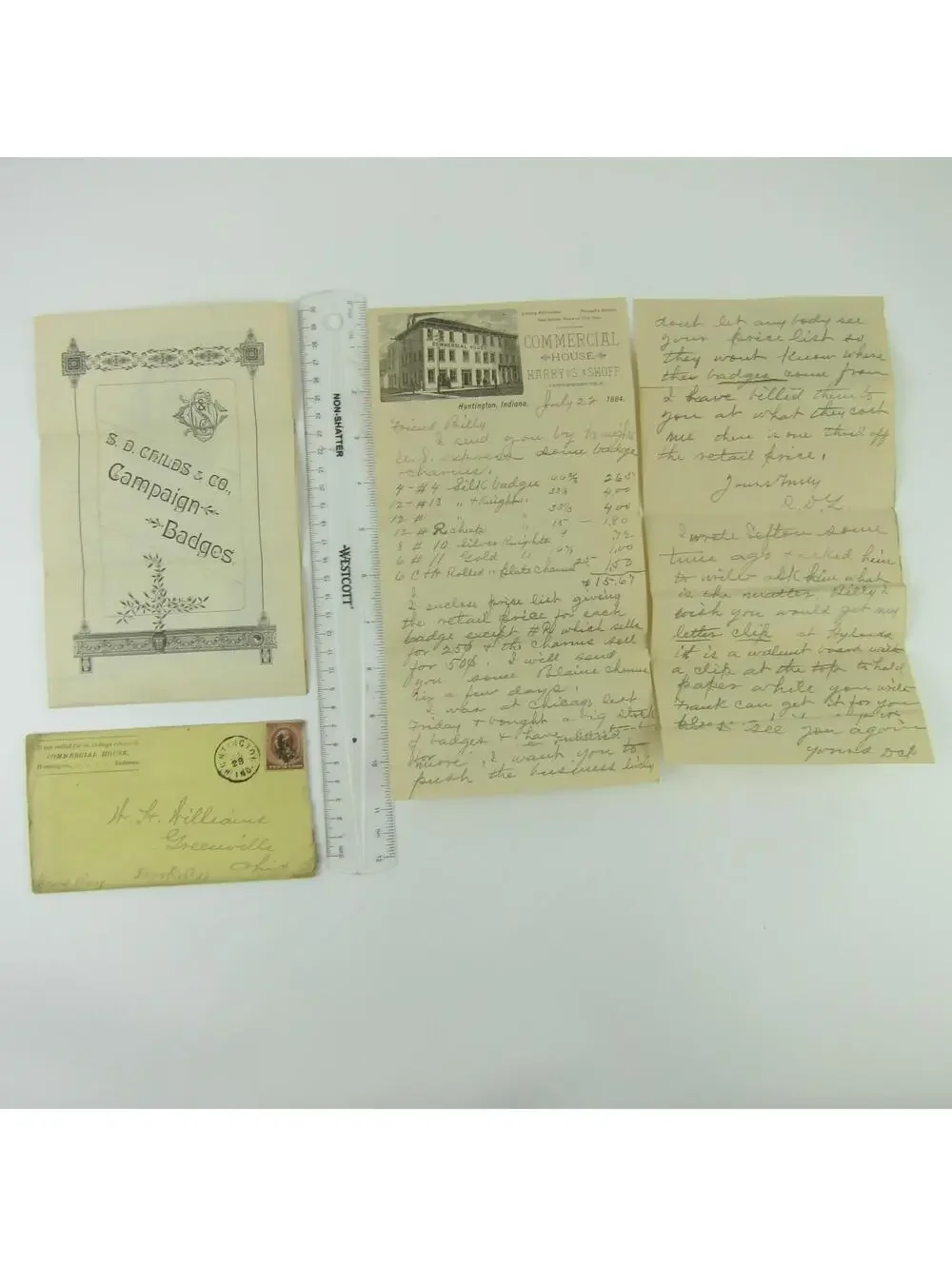 1884 Commercial House Huntington Indiana Letterhead SD Childs Co Badges Ad Lot